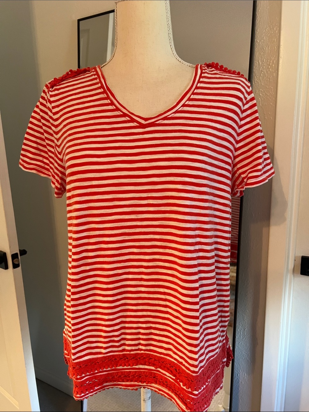 Talbots Orange/Pink and White Striped V-Neck Short Sleeve Tee with Crochet Hem